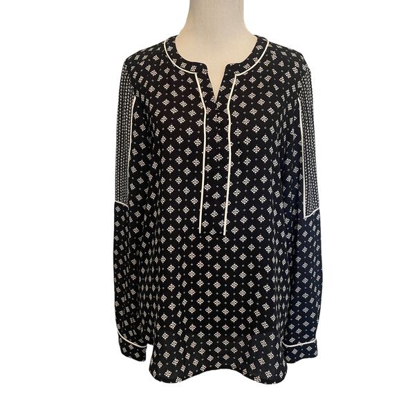 LOFT Mixed Print Popover Top Womens Small Navy Ivory Long Sleeve Peasant Blouse - Picture 2 of 9